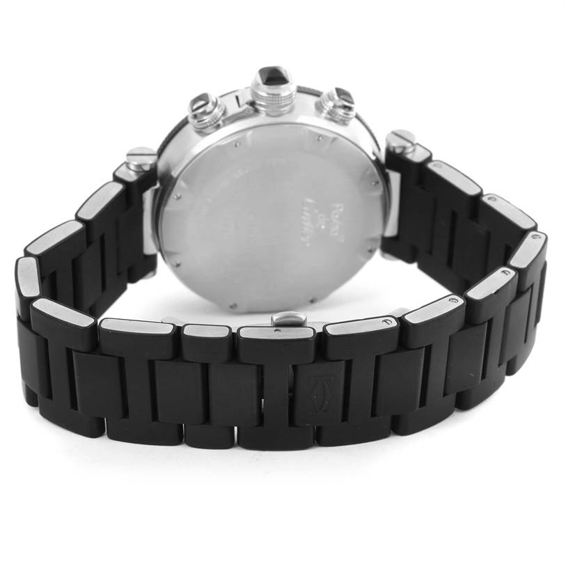 The image shows the back case and band of a Cartier Pasha W31088U2 Men's Stainless Steel Black Dial W31088U2 Men's Stainless Steel Black Dial watch at a slight angle.