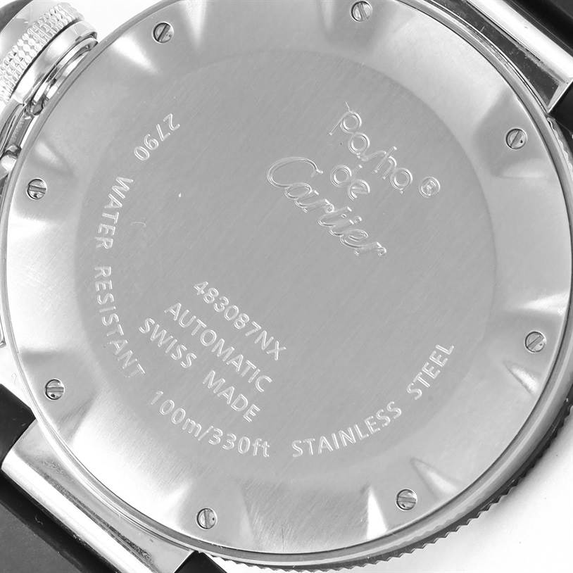 This image shows the back case of the Cartier Pasha W31077U2 Men's Stainless Steel Black Dial W31077U2 Men's Stainless Steel Black Dial watch, highlighting its engravings and specifications.