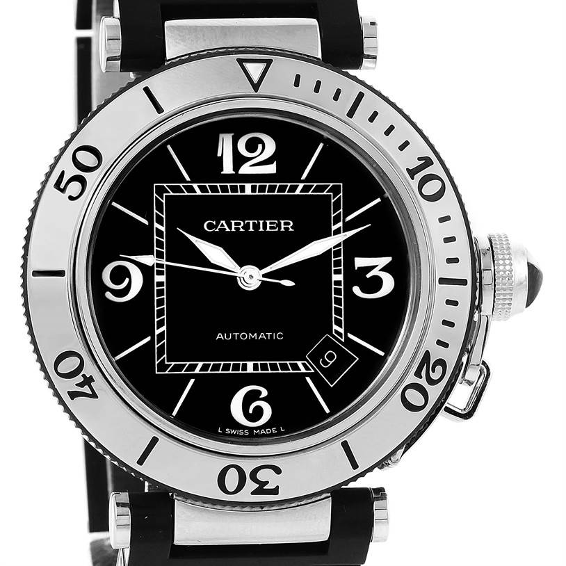 The Cartier Pasha W31077U2 Men's Stainless Steel Black Dial W31077U2 Men's Stainless Steel Black Dial model watch is shown from the front, displaying the dial, bezel, and strap.