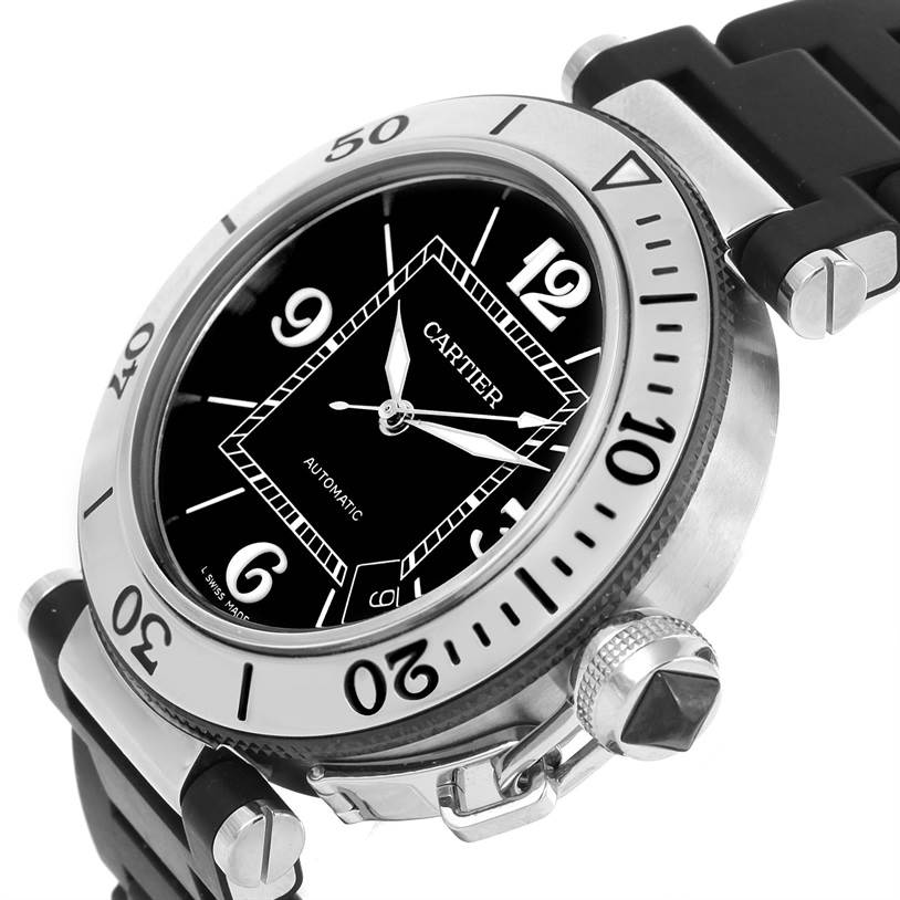 The Cartier Pasha W31077U2 Men's Stainless Steel Black Dial W31077U2 Men's Stainless Steel Black Dial watch is shown at a slight angle, displaying the bezel, dial, crown, and part of the rubber strap.