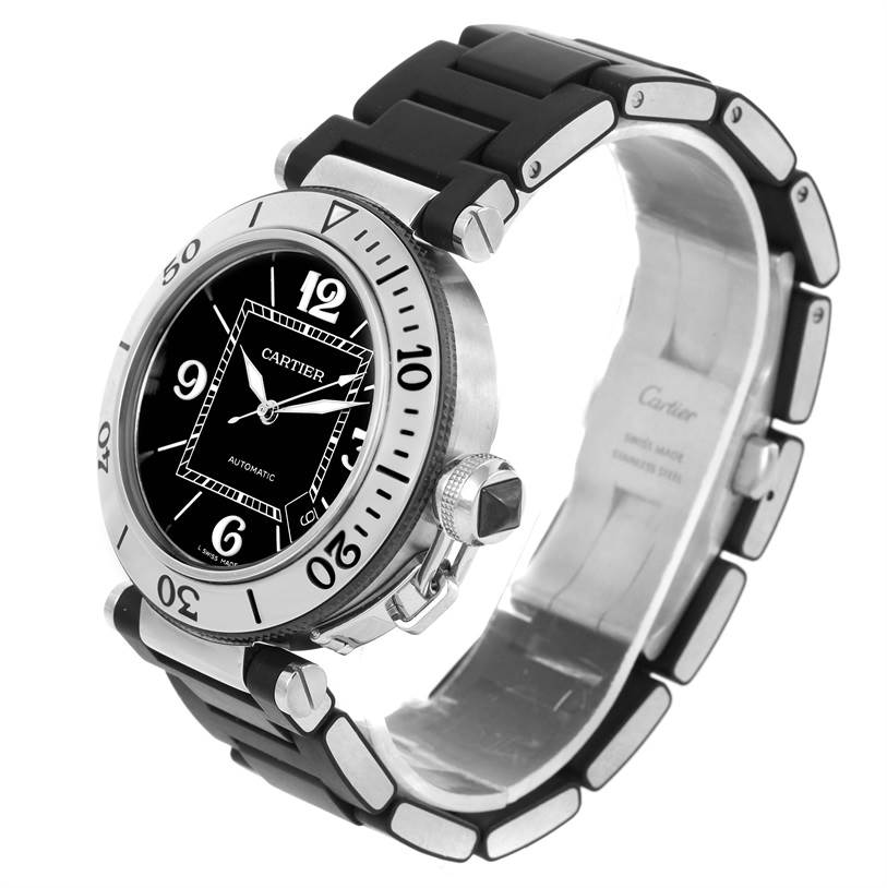 The Cartier Pasha W31077U2 Men's Stainless Steel Black Dial W31077U2 Men's Stainless Steel Black Dial model watch is shown at an angle highlighting the dial, bezel, case, crown, and bracelet.