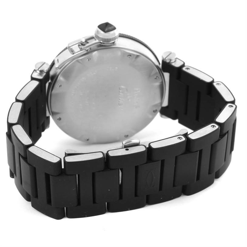 The image shows the back and part of the band of a Cartier Pasha W31077U2 Men's Stainless Steel Black Dial W31077U2 Men's Stainless Steel Black Dial watch.
