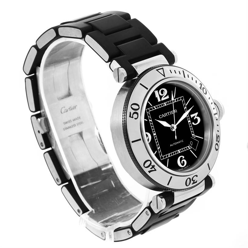 This image shows a Cartier Pasha W31077U2 Men's Stainless Steel Black Dial W31077U2 Men's Stainless Steel Black Dial watch angled to display its face and black rubber strap.