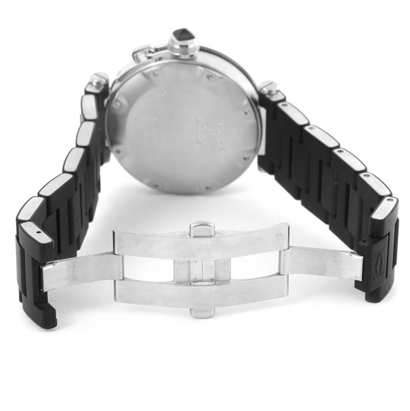 This image shows the back case and black strap of a Cartier Pasha W31077U2 Men's Stainless Steel Black Dial W31077U2 Men's Stainless Steel Black Dial watch from an open angle with its clasp visible.