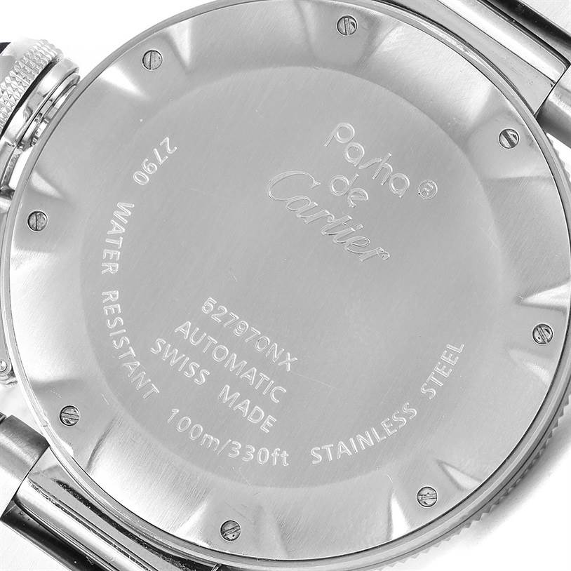 This image shows the back case of a Cartier Pasha W31080M7 Men
s Stainless Steel Silver Dial W31080M7 Men
s Stainless Steel Silver Dial model watch, highlighting its engravings and water resistance details.