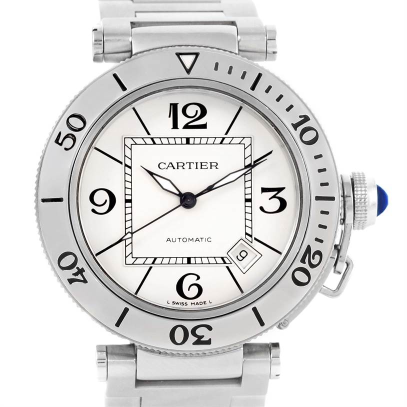 The image shows the front view of a Cartier Pasha W31080M7 Men
s Stainless Steel Silver Dial W31080M7 Men
s Stainless Steel Silver Dial model watch, displaying the dial, bezel, and part of the bracelet.