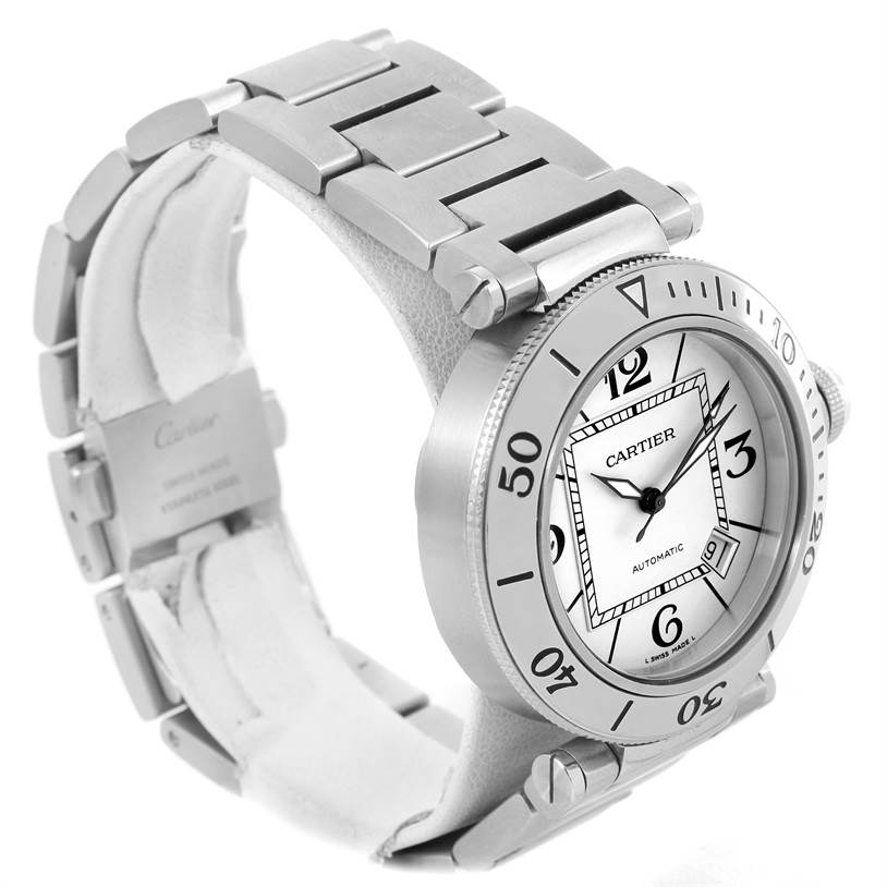 This image shows a side angle of the Cartier Pasha W31080M7 Men
s Stainless Steel Silver Dial W31080M7 Men
s Stainless Steel Silver Dial watch, highlighting its bracelet and dial.