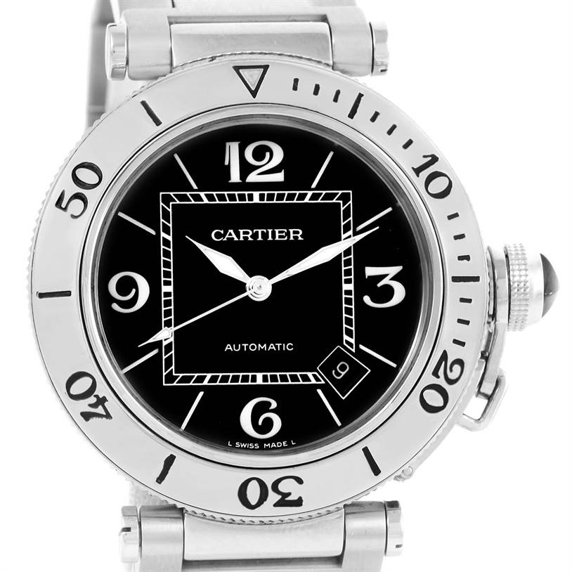 The image shows a front view of a Cartier Pasha W31077M7 Men
s Stainless Steel Black Dial W31077M7 Men
s Stainless Steel Black Dial watch, highlighting the dial, bezel, and part of the bracelet.