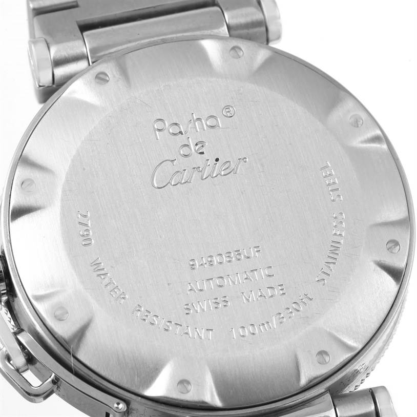 This image shows the back view and clasp of a Cartier Pasha W31077M7 Men
s Stainless Steel Black Dial W31077M7 Men
s Stainless Steel Black Dial watch, highlighting its engravings and specifications.