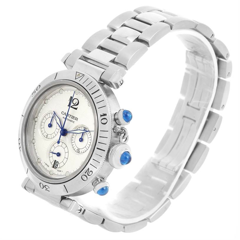 The image shows a Cartier Pasha W31030H3 Men's Silver Dial W31030H3 Men's Silver Dial watch at an angle highlighting the face, bezel, and metal bracelet.