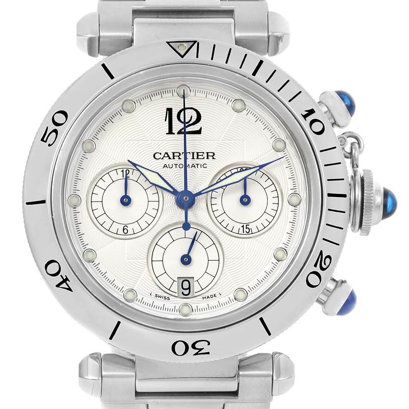 The image is a front view of the Cartier Pasha W31030H3 Men's Silver Dial W31030H3 Men's Silver Dial model, showing its dial, bezel, and crown with blue cabochon accents.