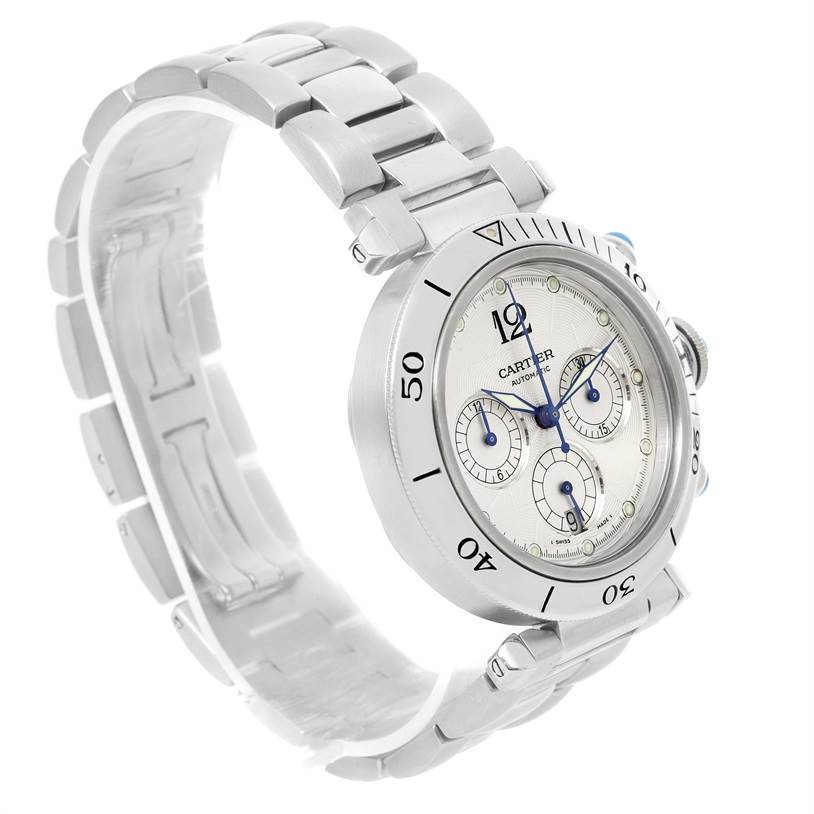 The image shows a Cartier Pasha W31030H3 Men's Silver Dial W31030H3 Men's Silver Dial watch at a three-quarter angle, displaying the face, bezel, and part of the metal bracelet.