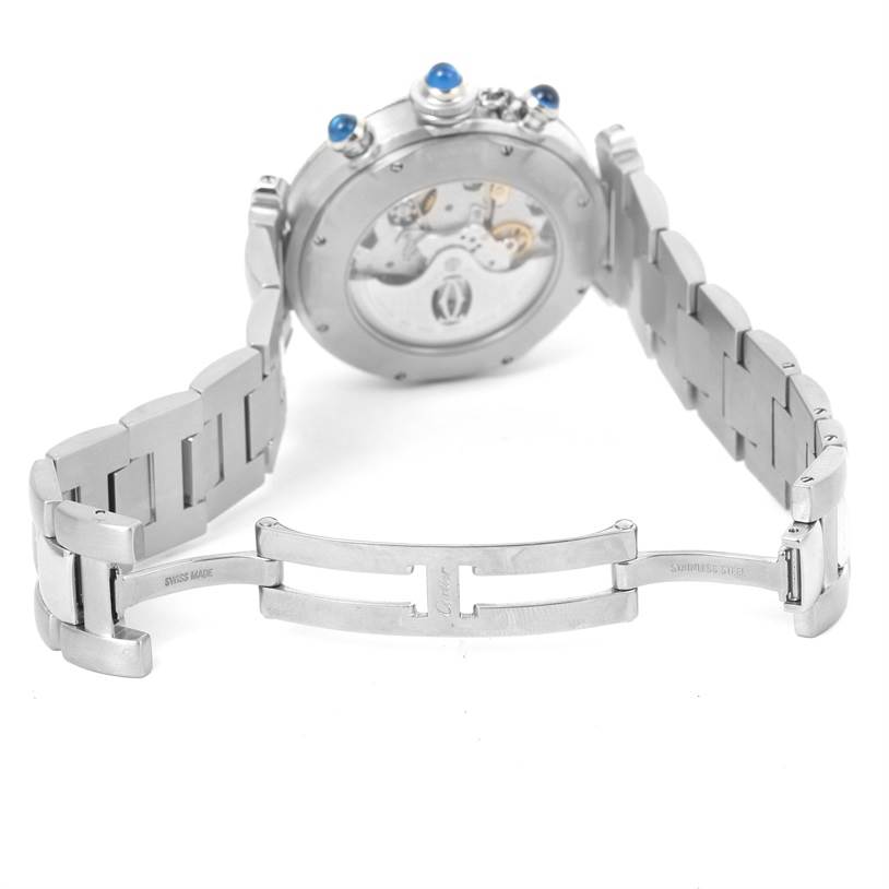 The image shows the back view of a Cartier Pasha W31030H3 Men's Silver Dial W31030H3 Men's Silver Dial watch with its bracelet fully open.