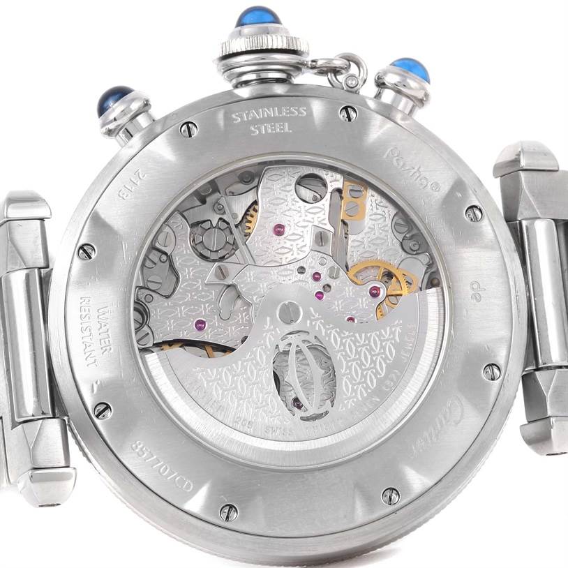 The image shows the back of a Cartier Pasha W31030H3 Men's Silver Dial W31030H3 Men's Silver Dial watch, revealing the intricate movement and internal mechanisms.