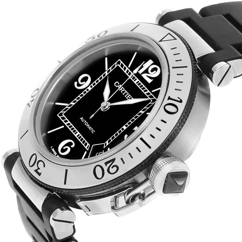 The image shows a Cartier Pasha W31077U2 Men's Stainless Steel Black Dial W31077U2 Men's Stainless Steel Black Dial watch at an oblique angle, revealing the bezel, dial, crown, and part of the strap.