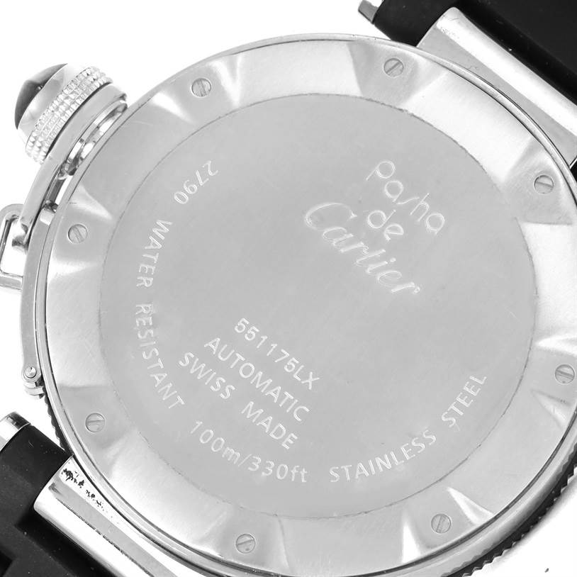 This image shows the back case of a Cartier Pasha W31077U2 Men's Stainless Steel Black Dial W31077U2 Men's Stainless Steel Black Dial watch, displaying engravings about model details and water resistance.