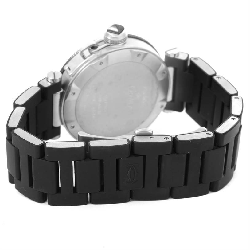 The image shows the back of the Cartier Pasha W31077U2 Men's Stainless Steel Black Dial W31077U2 Men's Stainless Steel Black Dial watch, focusing on the case back and the black rubber strap with metal accents.