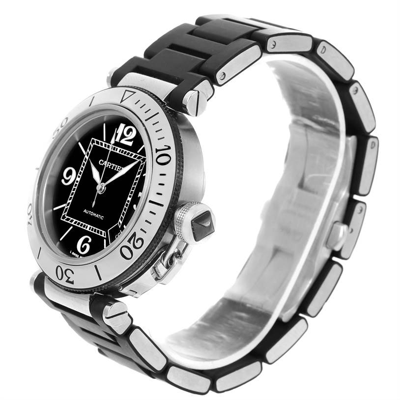 The image shows a side angle of the Cartier Pasha W31077U2 Men's Stainless Steel Black Dial W31077U2 Men's Stainless Steel Black Dial watch, highlighting its face, bezel, crown, and part of the bracelet.