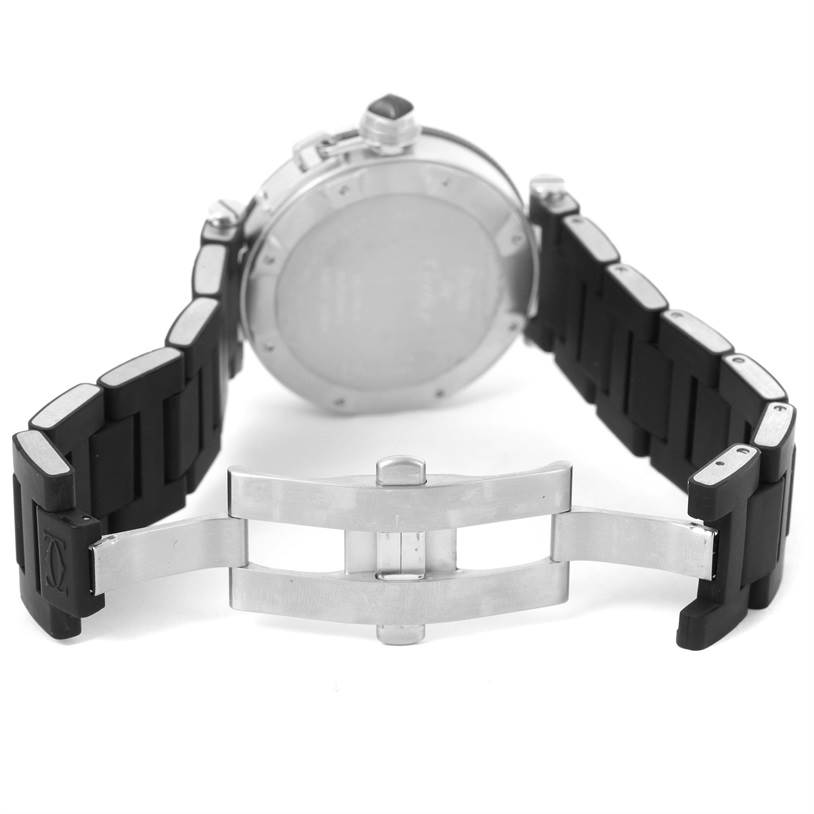 This image shows the back case and open clasp of a Cartier Pasha W31077U2 Men's Stainless Steel Black Dial W31077U2 Men's Stainless Steel Black Dial watch, including the bracelet links.