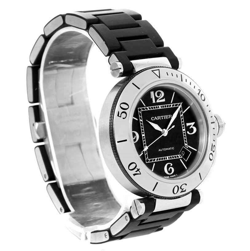 This image shows a close-up oblique angle of the Cartier Pasha W31077U2 Men's Stainless Steel Black Dial W31077U2 Men's Stainless Steel Black Dial model watch, highlighting its front face and part of the band.