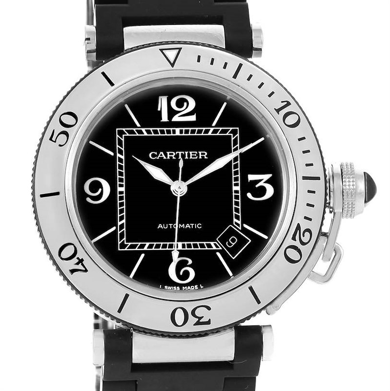 The image shows a front view of a Cartier Pasha watch, highlighting its black dial, bezel, and strap.