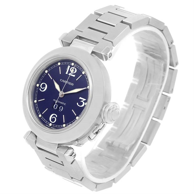 Cartier Pasha C Midsize Steel Blue Dial Watch Big Date W31047M7 SwissWatchExpo