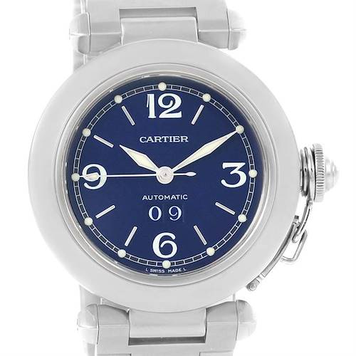 Photo of Cartier Pasha C Midsize Steel Blue Dial Watch Big Date W31047M7