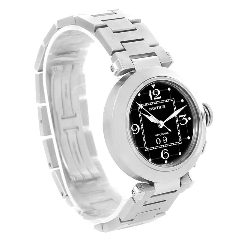 The image shows a Cartier Pasha W31055M7 Men's Stainless Steel Black Dial W31055M7 Men's Stainless Steel Black Dial watch from an angled side view displaying its face and metal bracelet.