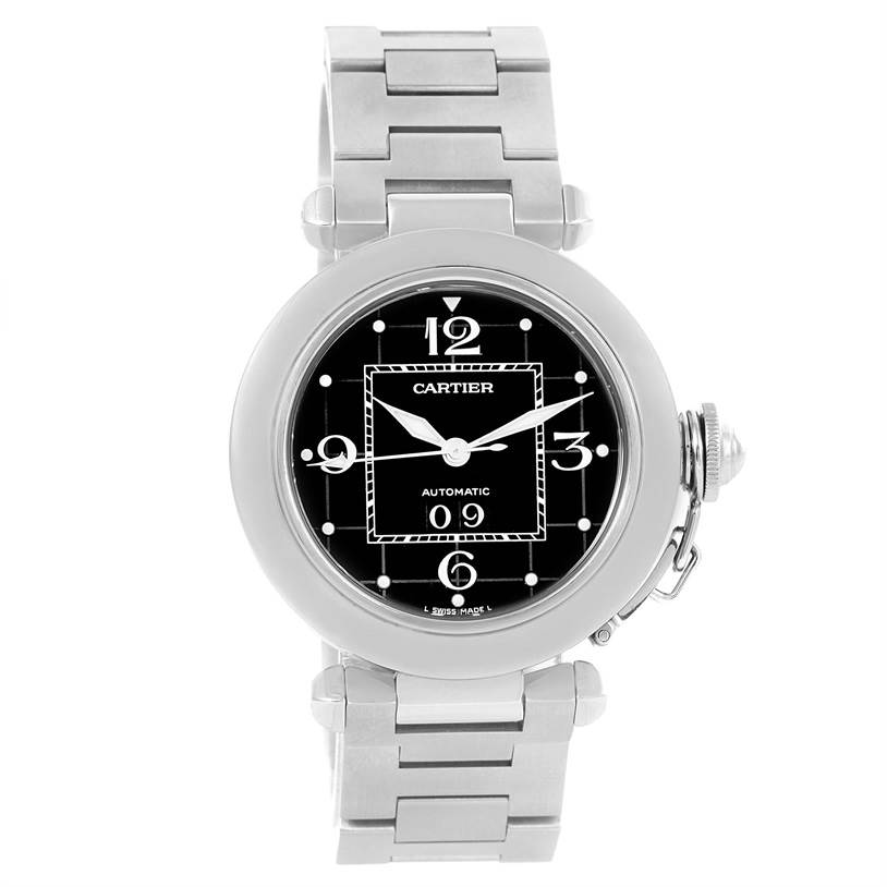 This Cartier Pasha W31055M7 Men's Stainless Steel Black Dial W31055M7 Men's Stainless Steel Black Dial model watch is shown from a front angle, displaying its round face, dial, and metal bracelet.