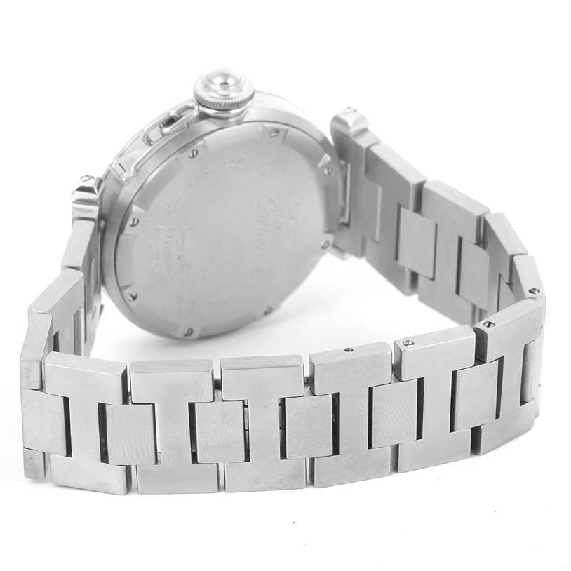 The image shows the back view and bracelet of a Cartier Pasha W31055M7 Men's Stainless Steel Black Dial W31055M7 Men's Stainless Steel Black Dial watch.