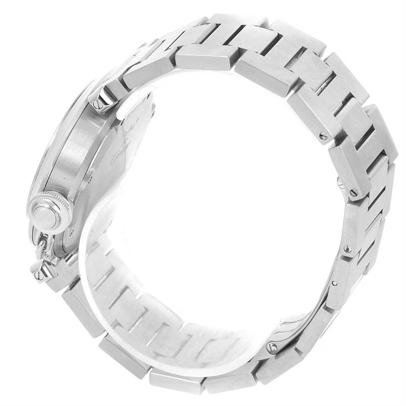 This image shows a side view of the silver metal bracelet and crown of the Cartier Pasha W31055M7 Men's Stainless Steel Black Dial W31055M7 Men's Stainless Steel Black Dial watch model.