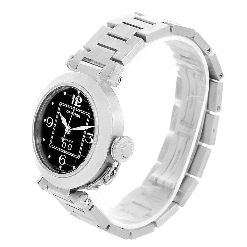 Cartier Pasha C Midsize Big Date Steel Watch Black Dial W31053M7 SwissWatchExpo