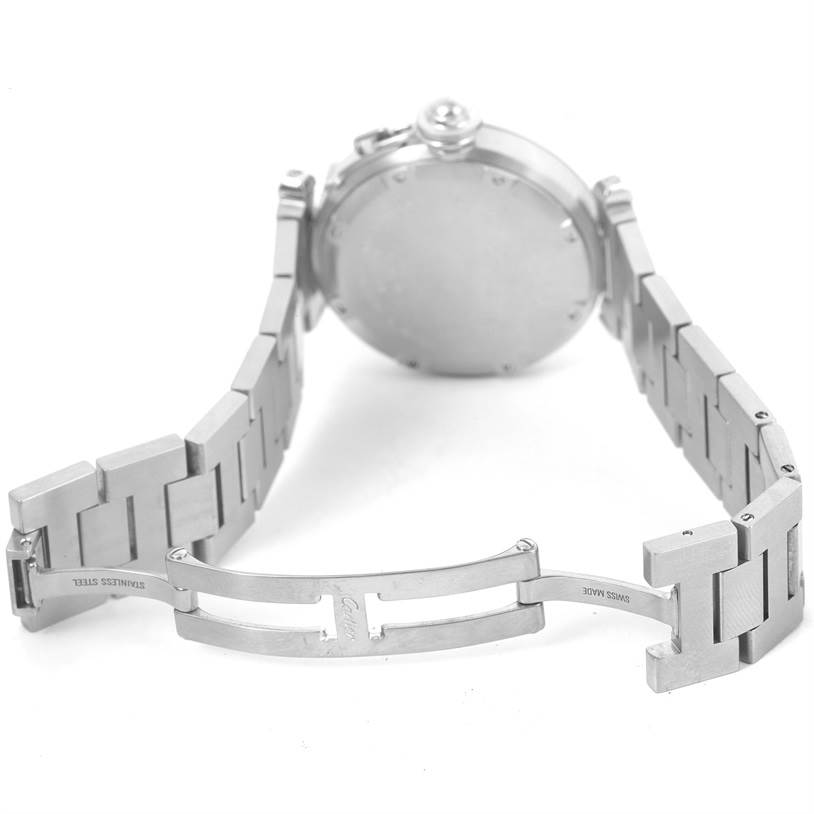 The image shows the back view and partially open clasp of a Cartier Pasha W31055M7 Men's Stainless Steel Black Dial W31055M7 Men's Stainless Steel Black Dial watch in stainless steel.