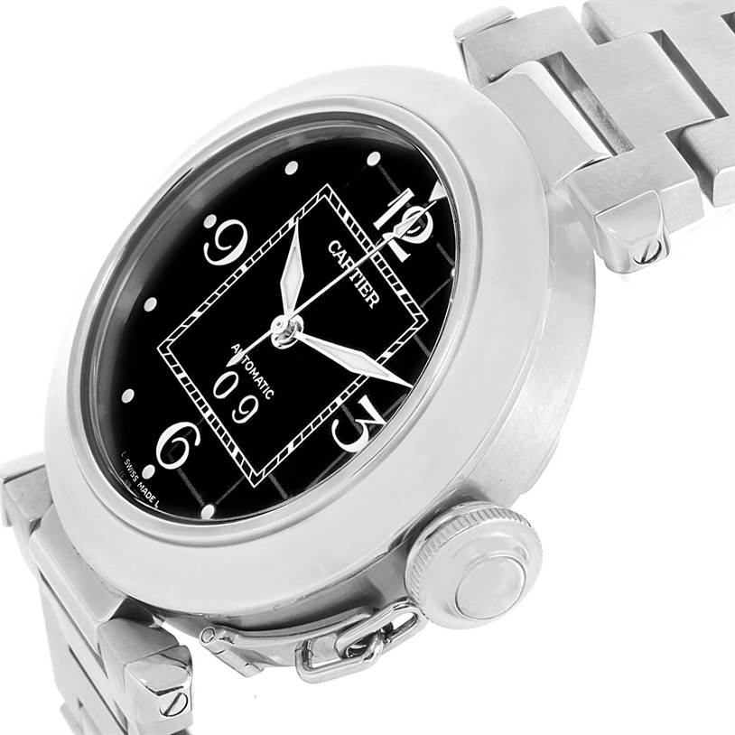 The image shows a close-up angle of the Cartier Pasha W31055M7 Men's Stainless Steel Black Dial W31055M7 Men's Stainless Steel Black Dial watch, highlighting the dial, crown, and part of the bracelet.