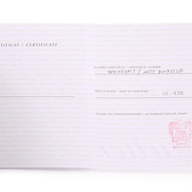 This image shows the certificate of a Pasha model by Cartier with individual number and date of purchase fields visible.