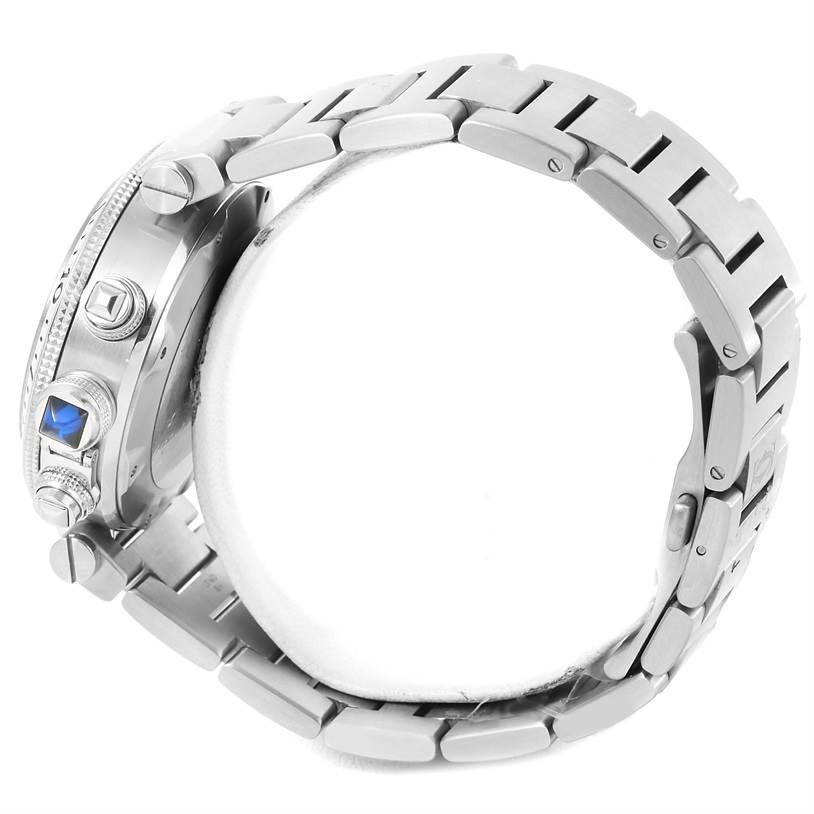 The image shows a side view of the Cartier Pasha W31089M7 Men
s Stainless Steel Silver Dial W31089M7 Men
s Stainless Steel Silver Dial watch, highlighting the crown and stainless steel bracelet.