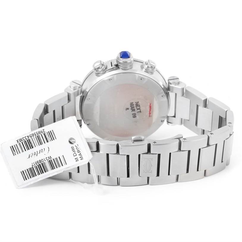 The image shows the back and band of the Cartier Pasha W31089M7 Men
s Stainless Steel Silver Dial W31089M7 Men
s Stainless Steel Silver Dial watch with a visible tag.