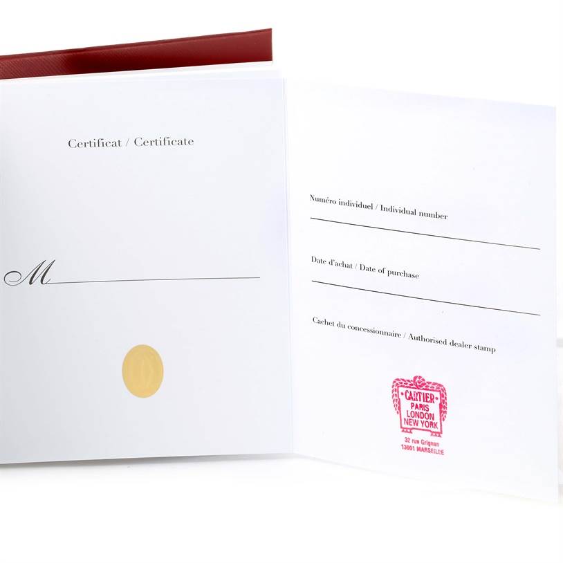 The image shows an open certificate for the Cartier Pasha W31089M7 Men
s Stainless Steel Silver Dial W31089M7 Men
s Stainless Steel Silver Dial model watch, highlighting fields for individual number, date of purchase, and dealer stamp.