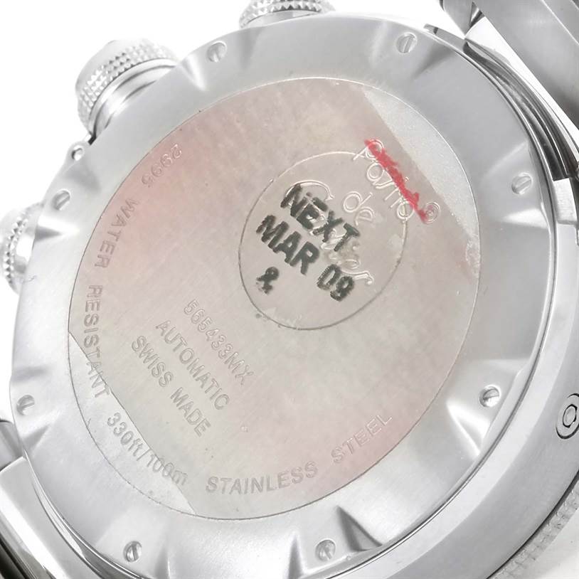 This image shows the back case of a Cartier Pasha W31089M7 Men
s Stainless Steel Silver Dial W31089M7 Men
s Stainless Steel Silver Dial watch, displaying the water resistance, material, and automatic movement details.