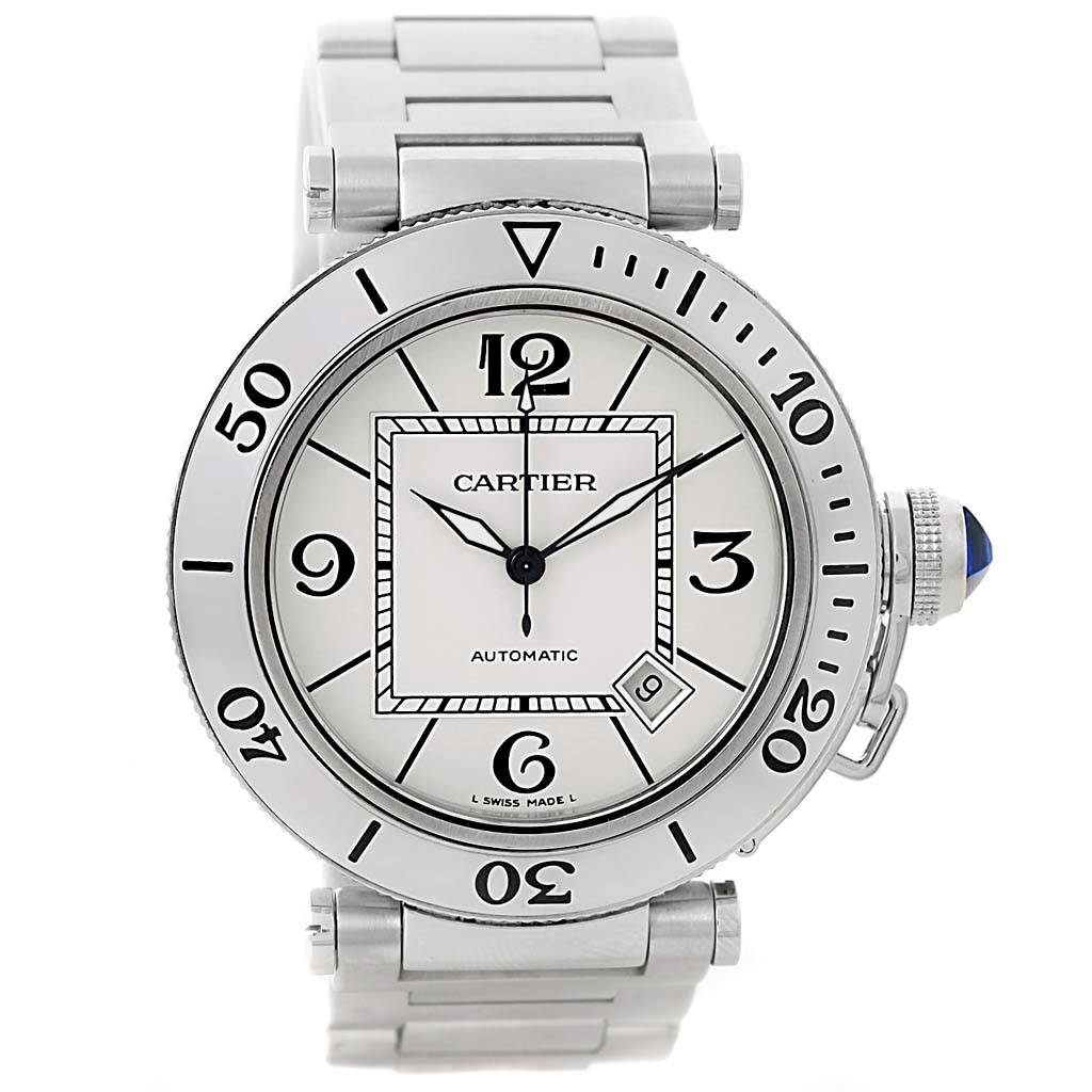 This image shows a frontal view of the Cartier Pasha W31080M7 Men
s Stainless Steel Silver Dial W31080M7 Men
s Stainless Steel Silver Dial model watch with its face, bezel, and part of the bracelet visible.