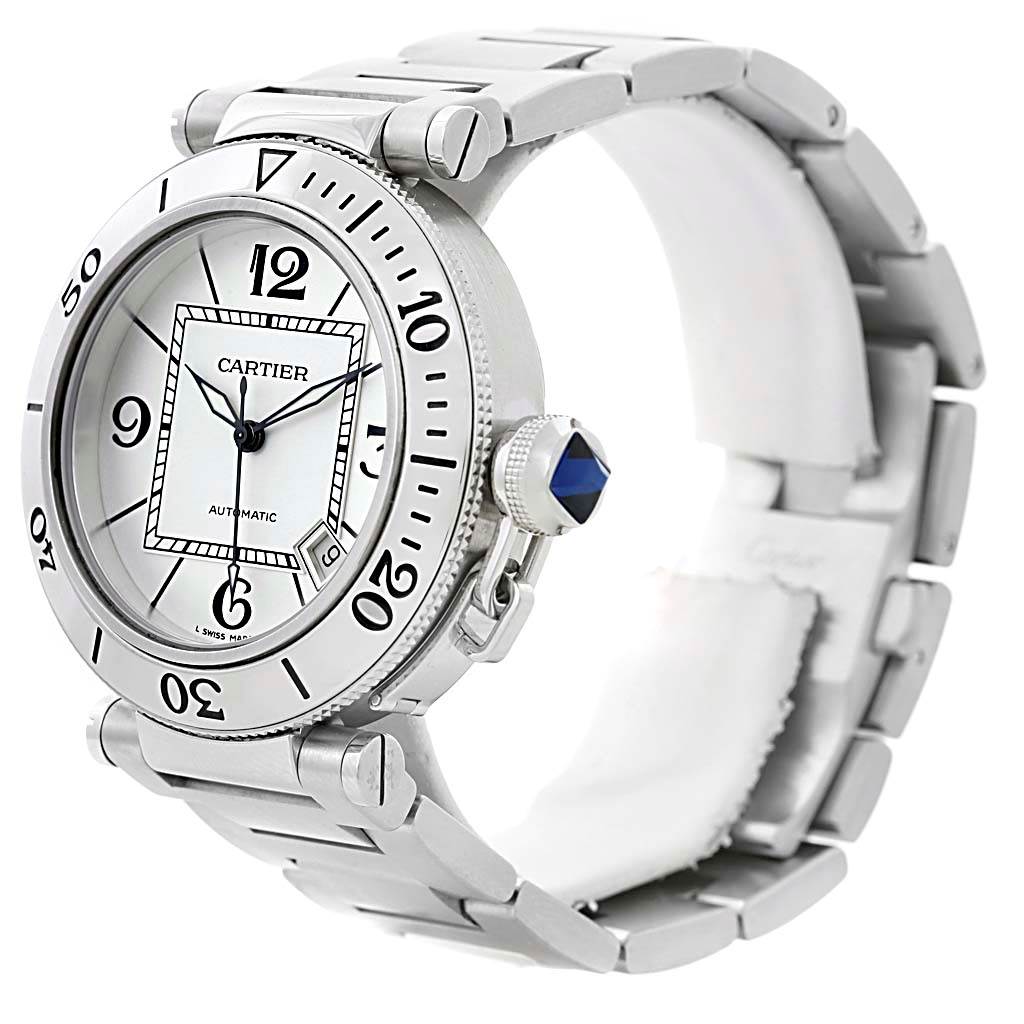 The Cartier Pasha W31080M7 Men
s Stainless Steel Silver Dial W31080M7 Men
s Stainless Steel Silver Dial watch is shown from an angled side view, highlighting its bezel, dial, bracelet, and crown.