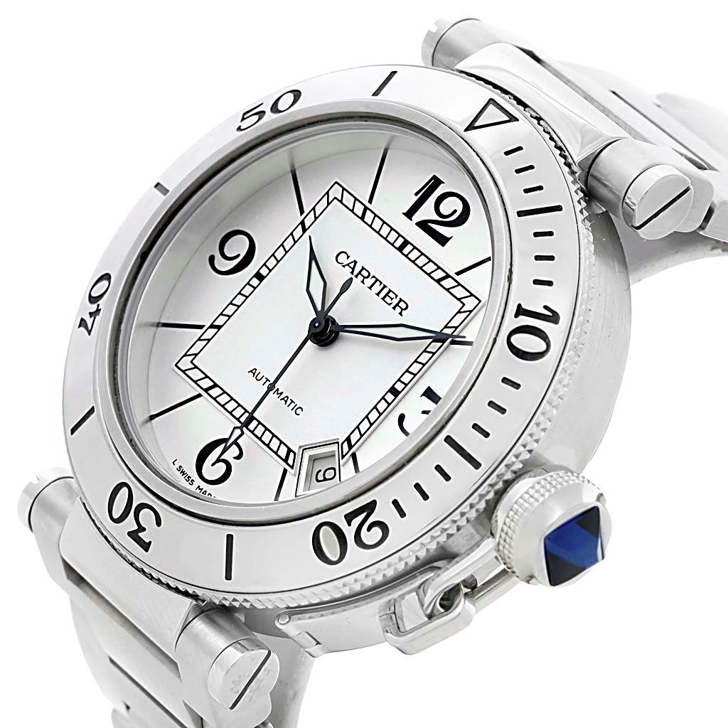 The image shows a close-up angle of the Cartier Pasha W31080M7 Men
s Stainless Steel Silver Dial W31080M7 Men
s Stainless Steel Silver Dial model watch, highlighting the dial, bezel, crown, and part of the bracelet.