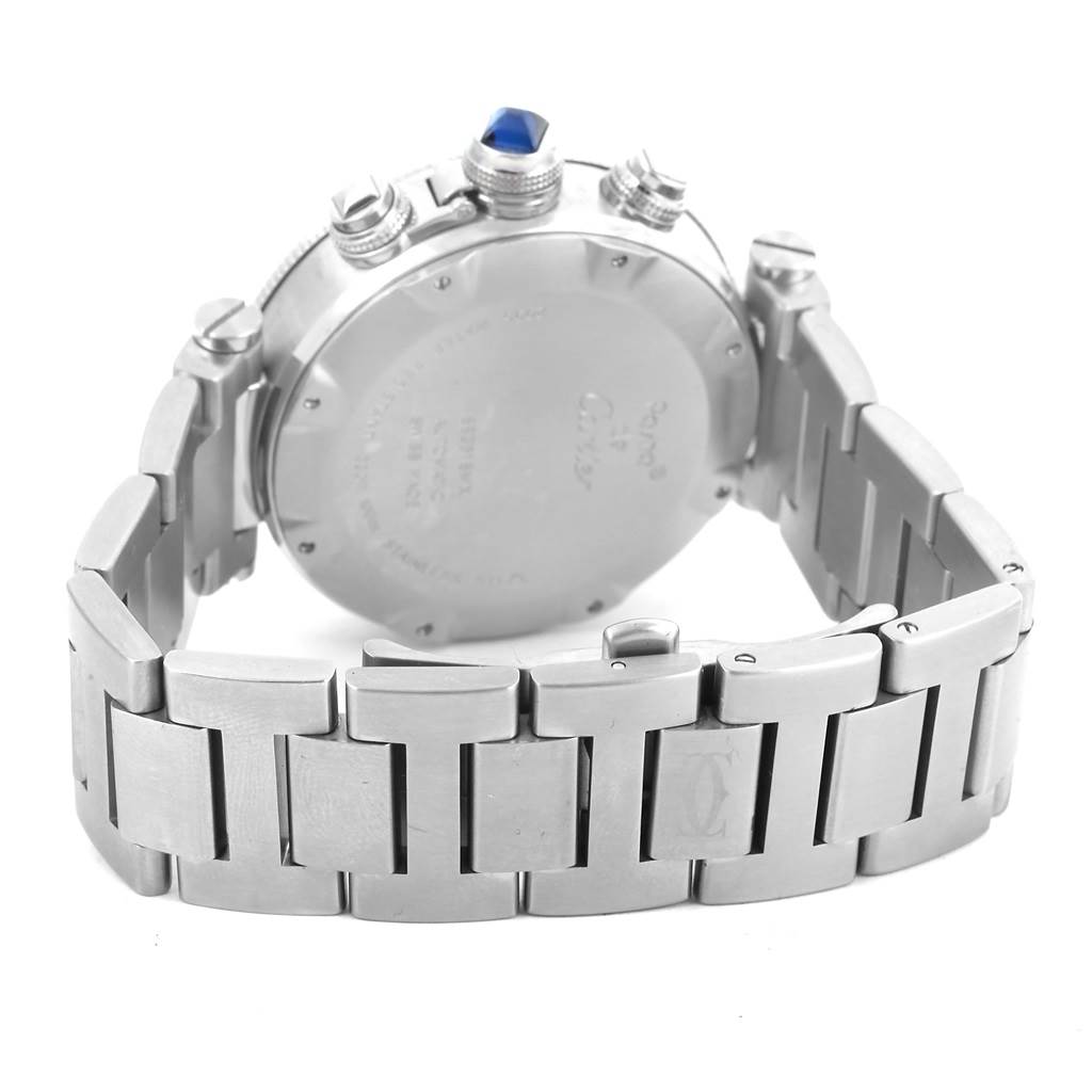 The image shows the back case and part of the bracelet of a Cartier Pasha W31089M7 Men's Stainless Steel Silver Dial W31089M7 Men's Stainless Steel Silver Dial watch, viewed from a rear angle.