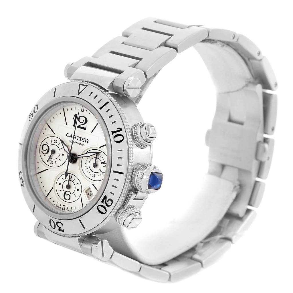 The Cartier Pasha W31089M7 Men's Stainless Steel Silver Dial W31089M7 Men's Stainless Steel Silver Dial watch is shown from an angled side view, highlighting the dial, bezel, and part of the bracelet.
