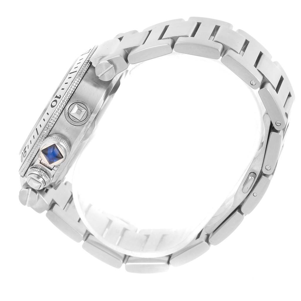 The image shows a side view of a Cartier Pasha W31089M7 Men's Stainless Steel Silver Dial W31089M7 Men's Stainless Steel Silver Dial watch, highlighting its crown, bezel, and metal bracelet.