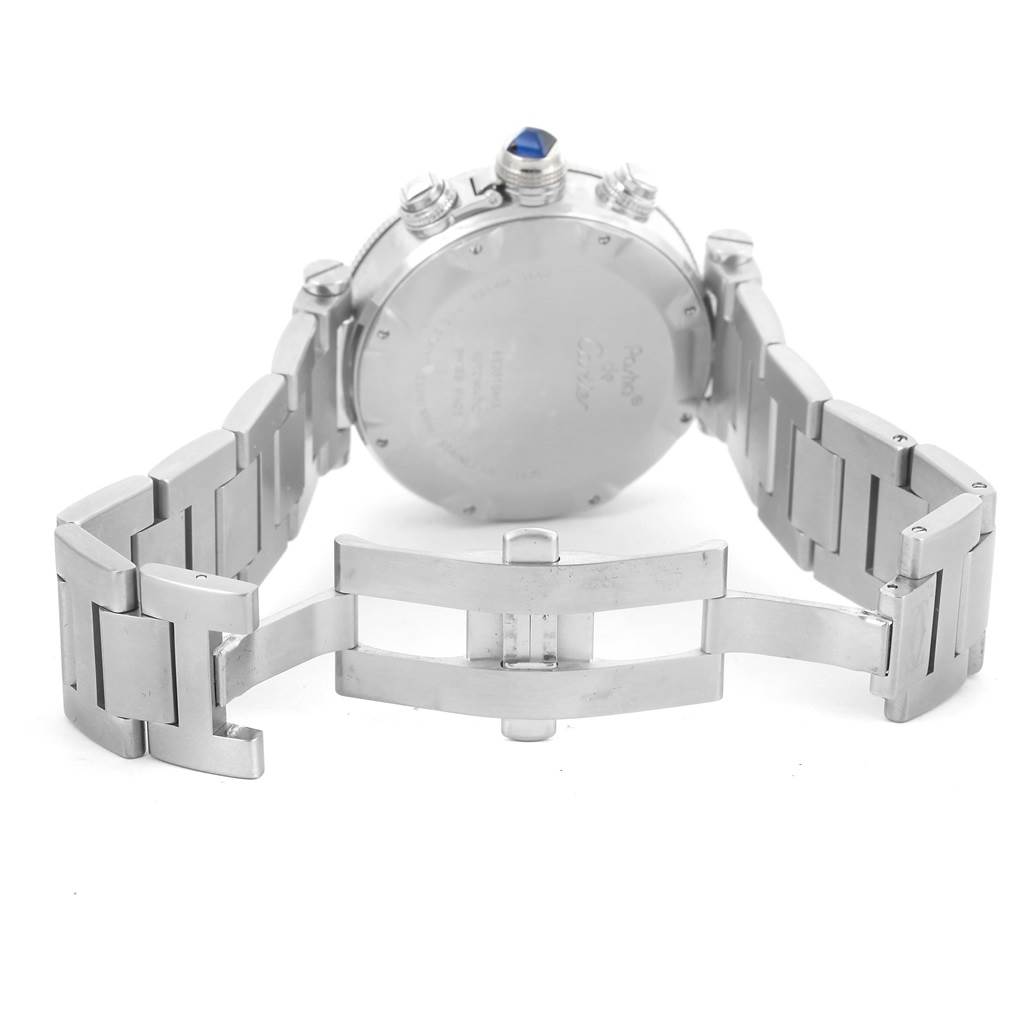 The image shows the back and clasp of the Cartier Pasha W31089M7 Men's Stainless Steel Silver Dial W31089M7 Men's Stainless Steel Silver Dial watch in an open position.