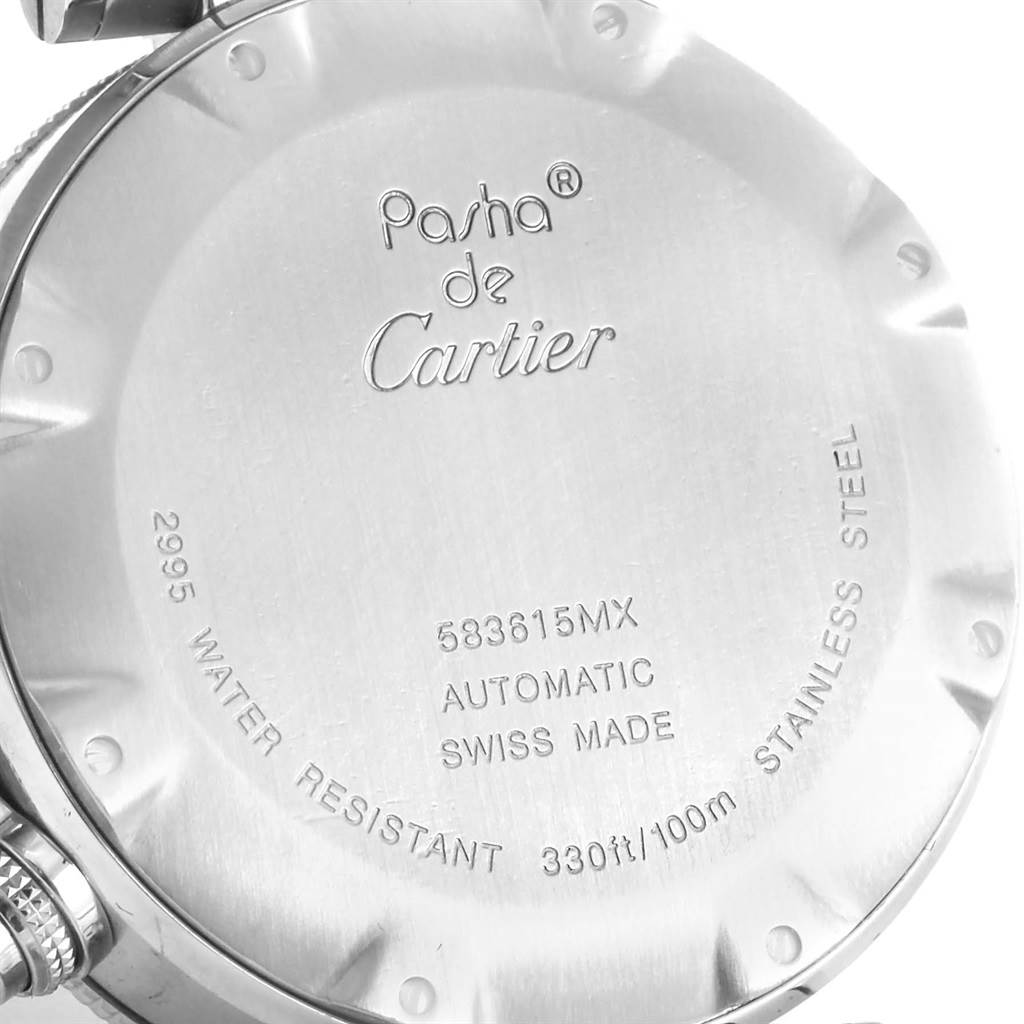 This image shows the back side of a Cartier Pasha W31089M7 Men's Stainless Steel Silver Dial W31089M7 Men's Stainless Steel Silver Dial watch, detailing its specifications and water resistance.