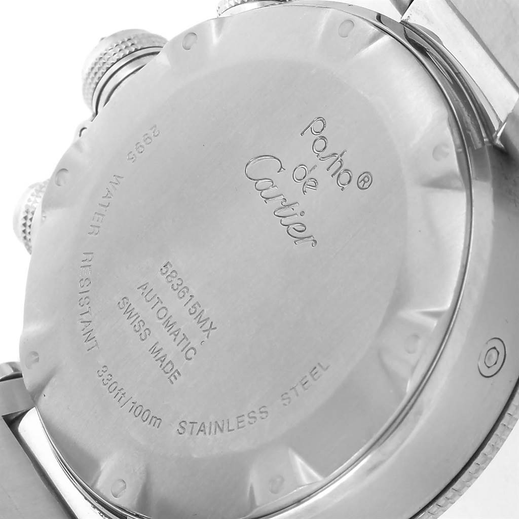 The image shows the back case and crown guards of a Cartier Pasha W31089M7 Men
s Stainless Steel Silver Dial W31089M7 Men
s Stainless Steel Silver Dial watch.