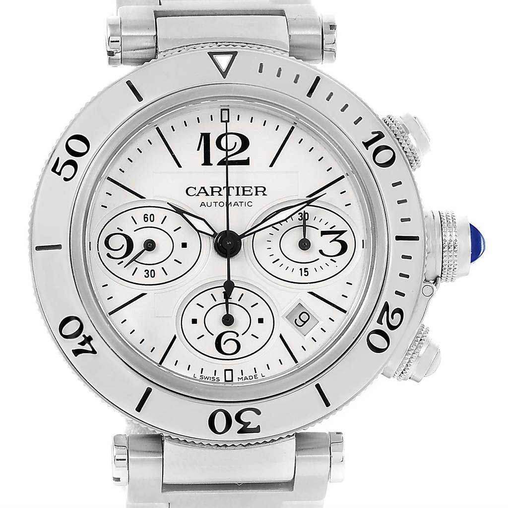 The Cartier Pasha W31089M7 Men
s Stainless Steel Silver Dial W31089M7 Men
s Stainless Steel Silver Dial watch is shown from a front angle, highlighting its bezel, dial, subdials, and crown.