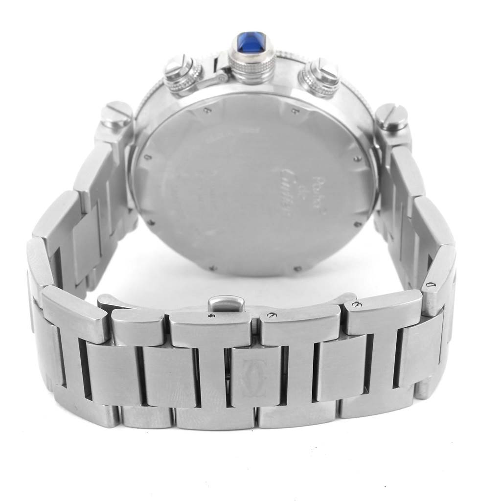 This is the back view of a Rolex Pasha watch by Cartier, showcasing its stainless steel band and case.